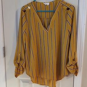 3/4 mustard with black and white stripes.